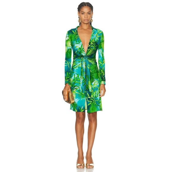 Versace FWRD Renew Knee-Length Dress in Green Palm 38 Womens Jersey Long Sleeve